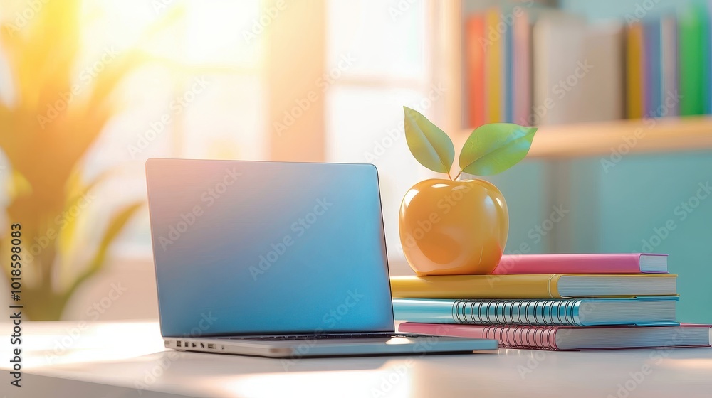 Poster a closed laptop on a classroom desk, surrounded by notebooks and textbooks, representing the transit