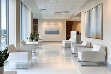 Crisp White Waiting Area of a Modern Hospital with Clean Decor and Contemporary Art