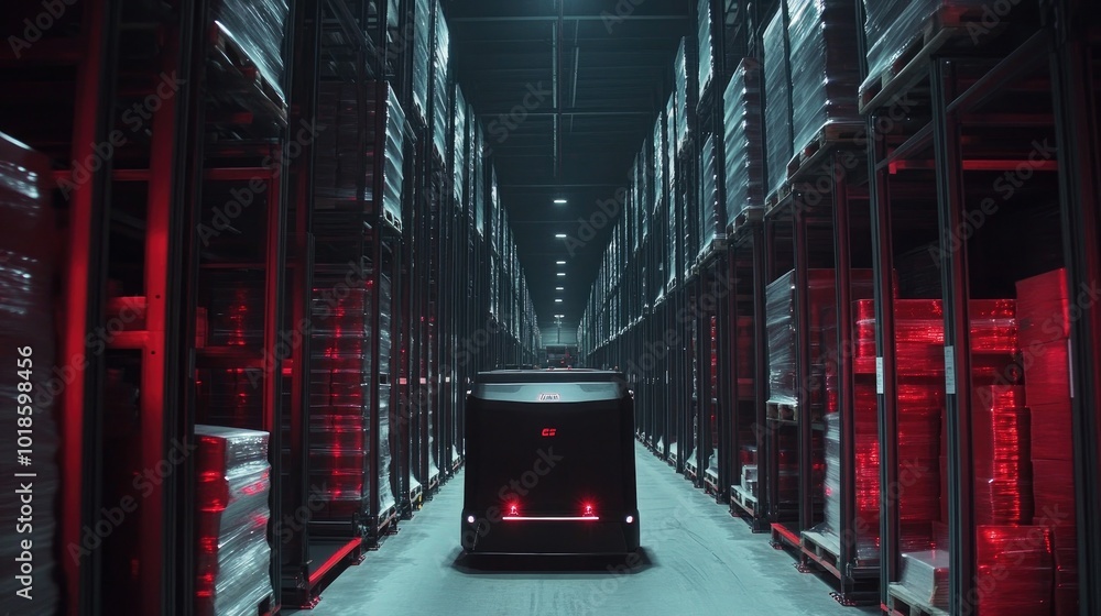 Poster agvs navigating a smart factory's automated warehouse, efficiently transferring goods, emphasizing t