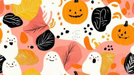 A playful Halloween-themed pattern featuring pumpkins, friendly ghosts, and colorful autumn leaves against a bright background.