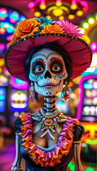 Day of the dead: dynamic shots of vibrant, skeletal figures, people in full make-up inside a casino