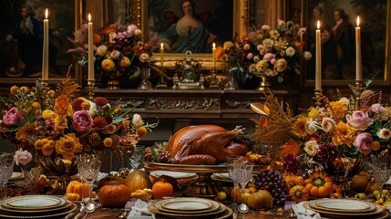 Luxurious Thanksgiving table setting with tall candle holders, gold-rimmed plates, polished silverware, opulent turkey centerpiece, and seasonal vegetables in warm tones and deep shadows