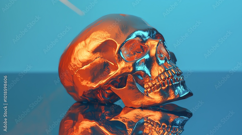 Poster a striking metallic skull model reflecting colorful light, creating an artistic and fascinating visu