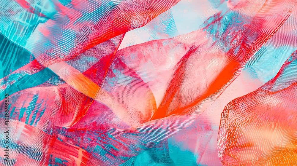 Poster a vibrant abstract artwork featuring waves of red and blue hues, creating a dynamic composition with