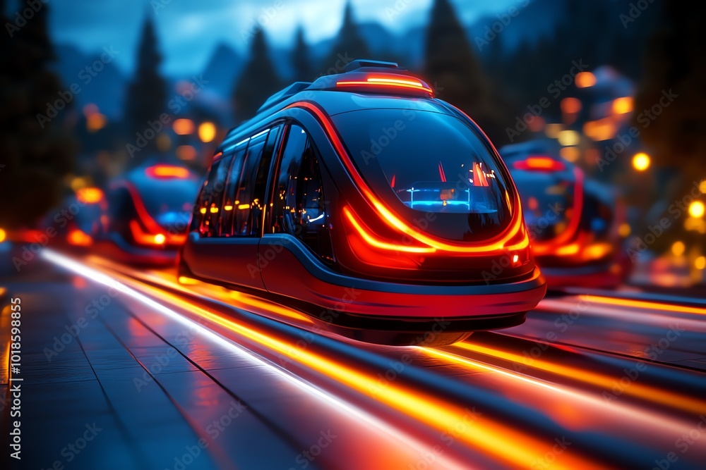 Poster fantasy depiction of a futuristic city where trams hover above the streets and buses glide on light 