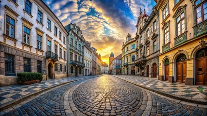 artistic representation of a deserted cultural street with ornate buildings and cobblestone paths fisheye