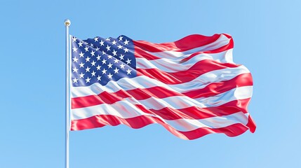 Obraz premium A vibrant American flag waving proudly against a clear blue sky, symbolizing freedom and patriotism.