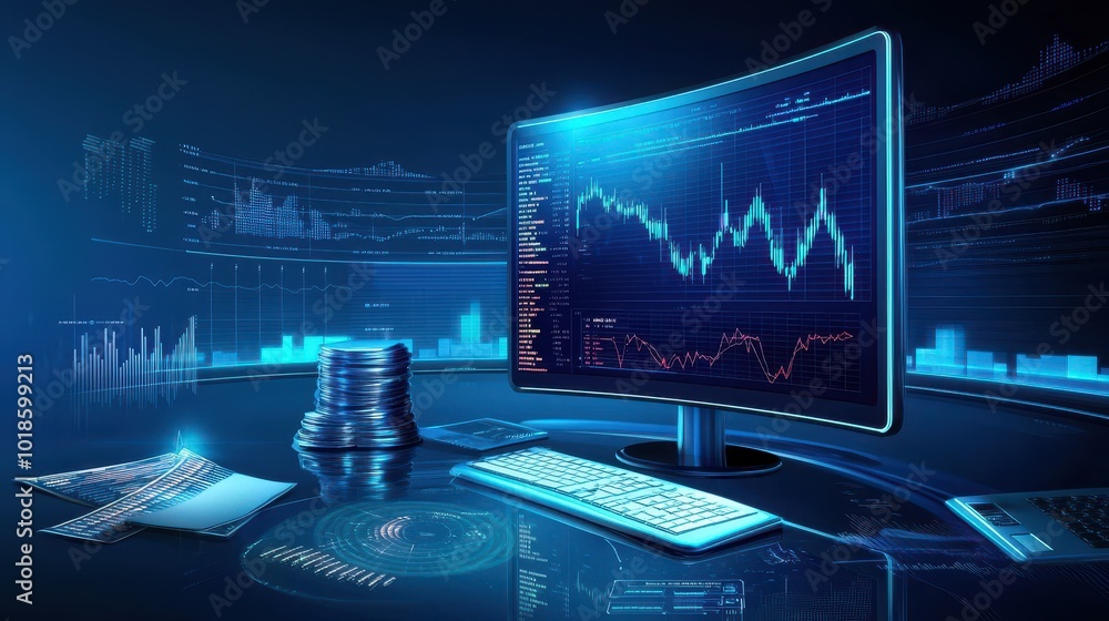 Poster a desktop computer displaying stock market charts, surrounded by financial reports and tools, set in