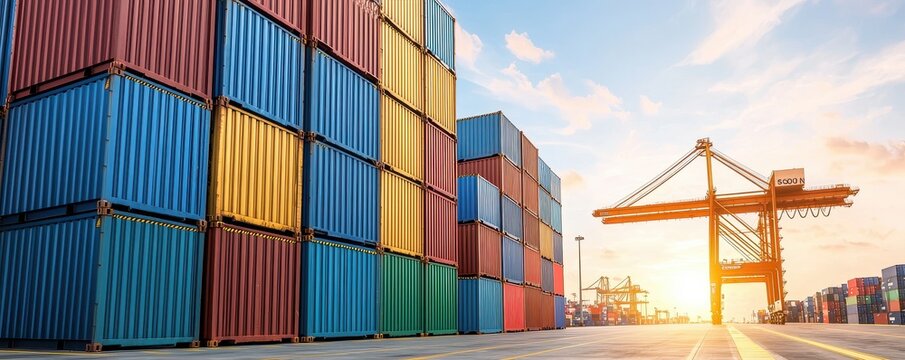 Colorful shipping containers at a port against a sunset sky, symbolizing global trade and commerce.