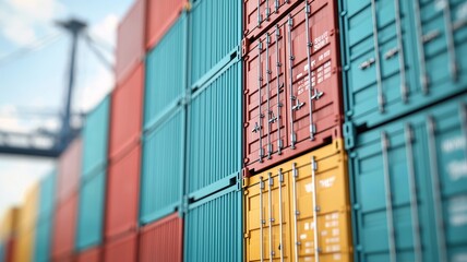 Fototapeta premium Colorful shipping containers stacked at a port, showcasing the global trade and logistics.