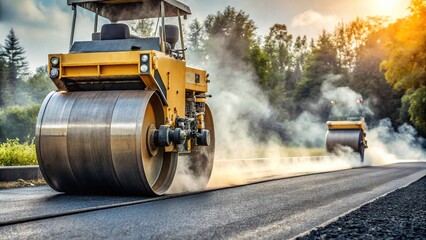 Asphalt paving with manual motorized roller Steam coming out from asphalt Medium Shot