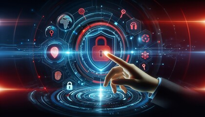 A hand engages a futuristic digital interface with various security icons and holographic elements symbolizing cybersecurity.
