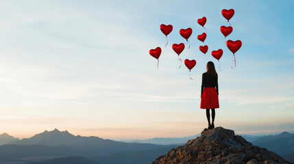 Obraz premium woman stands on rocky peak, gazing at horizon with heart shaped balloons floating above her. scene evokes feelings of love and hope against beautiful landscape