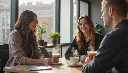 Joyful Group Engaging in Conversation Over Coffee in Contemporary Cafe