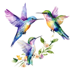 Obraz premium Watercolor illustration of hummingbirds and a bench with flowers, transparent background