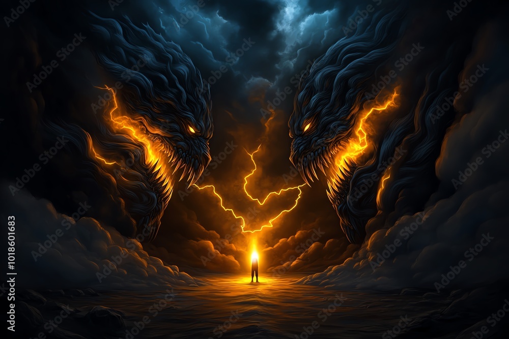 Poster fantasy depiction of a glowing figure standing between two towering forces of light and shadow, repr