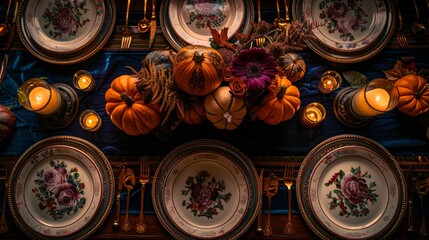 Elegant Thanksgiving feast arrangement with pumpkins, copper utensils, detailed linen napkins, and soft candlelight in a high-end dining setting