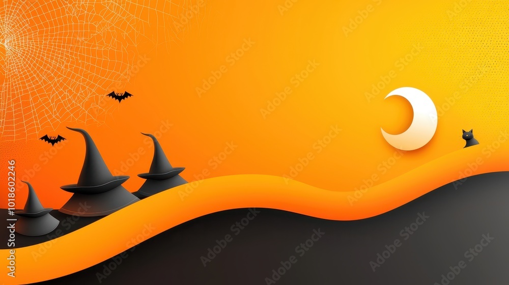 Poster a minimalistic halloween abstract background with sharp, angular lines forming witch hats, moons, an