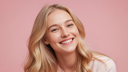 Naklejka premium Smiling young blonde woman with natural makeup, looking at the camera against a pink background. Radiant and cheerful expression