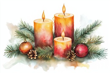 Watercolor illustration of Christmas candles with pine branches
