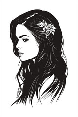 Elegant Black and White Female Portrait Illustration with Floral Hair Design in Vector Art Style