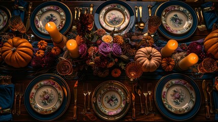 Sophisticated Thanksgiving tablescape with pumpkins, gourds, artisanal plates, copper utensils, and soft candlelight for an upscale restaurant atmosphere