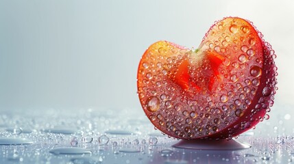 Minimalist view of a translucent acerola slice, simple white background, beads of moisture, frosted glass effect, vibrant and detailed, macro photography.