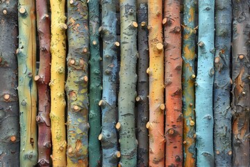 Close-up of a colorful wood fence made of painted tree branches