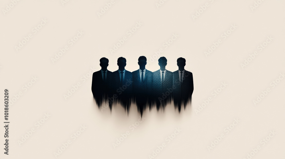 Poster mysterious silhouettes of five men in suits create intriguing visual effect, suggesting themes of te
