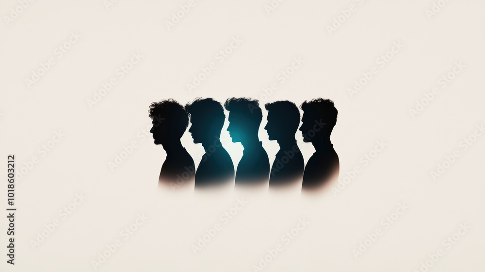 Poster image features series of silhouettes of individuals in profile, showcasing gradient effect that adds