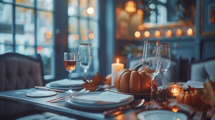 High-end Thanksgiving feast arrangement featuring pumpkins, artisanal plates, copper utensils, and soft candlelight for a refined dining experience