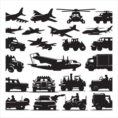 Various vehicle icon sets silhouette on white background
