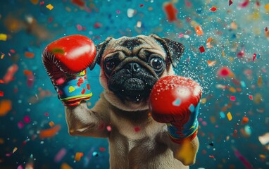 During an electrifying boxing match, a cute pug dog boxer sporting colorful gloves throws punches amidst a shower of confetti. This surreal and humorous depiction of a pet sportsman is perfect 