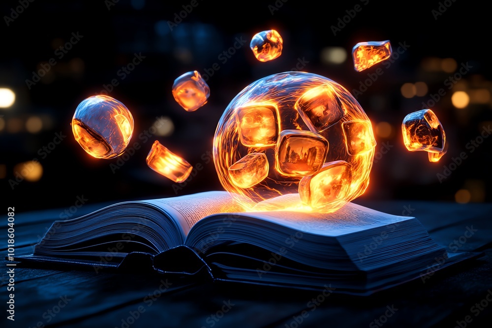 Poster fantasy depiction of a magical book glowing with light, with memories from yesterday floating out of