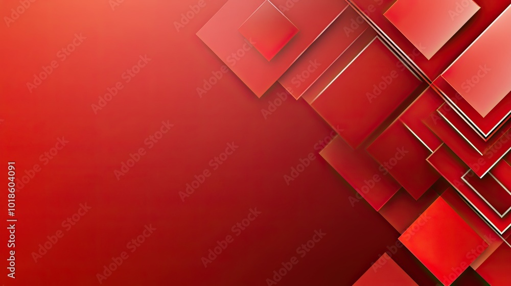 Poster a red geometric background featuring overlapping squares and triangles, with varying shades of red c