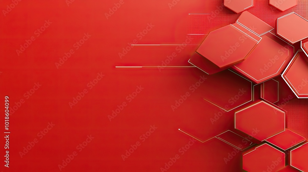 Poster a red geometric background with hexagonal shapes and gradients, providing a modern and bold look for