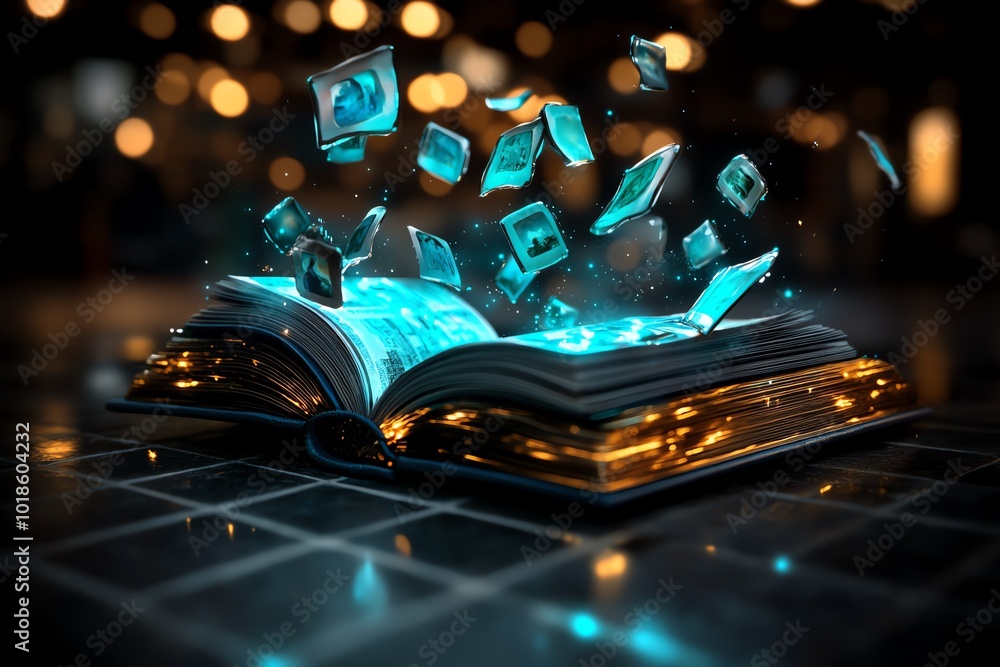 Poster Fantasy depiction of a magical book glowing with light, with memories from yesterday floating out of the pages and forming dreamlike images in the air, symbolizing the power of revisiting the