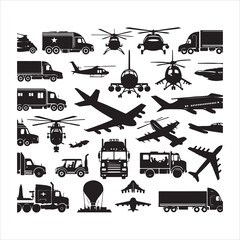 Various vehicle icon sets silhouette on white background
