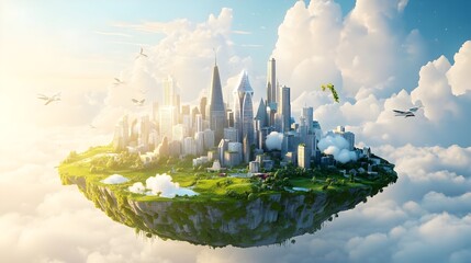 3d illustration of fantasy floating smart city surface with mountains, trees, and animals on green grass isolated with clouds, sunrise. 3d illustration of flying land with beautiful land scape