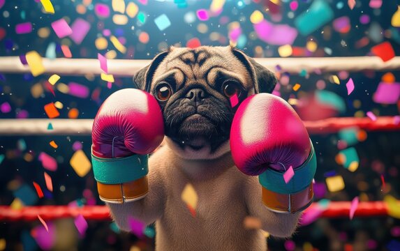 In a boxing ring filled with vibrant confetti, a cute pug dog boxer wearing colorful gloves showcases its fighting spirit. 
