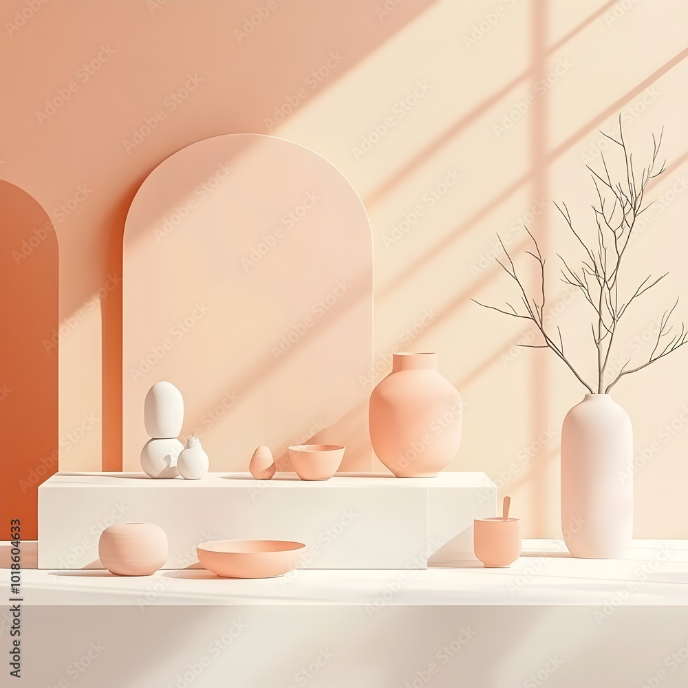 Poster minimalist 3d product display room with a peach toned backdrop clean white countertop and platform n