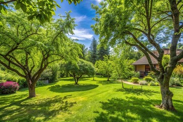 asymmetrical countryside yard with trees and green foliage in summer