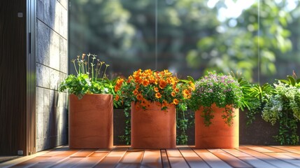 Cozy outdoor terrace with lush greenery colorful floral planters and wooden deck  Peaceful and tranquil garden setting for relaxation and enjoyment of nature