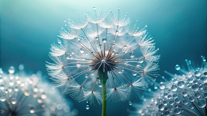 Obraz premium Asymmetrical dandelion seeds with dew in soft morning fog