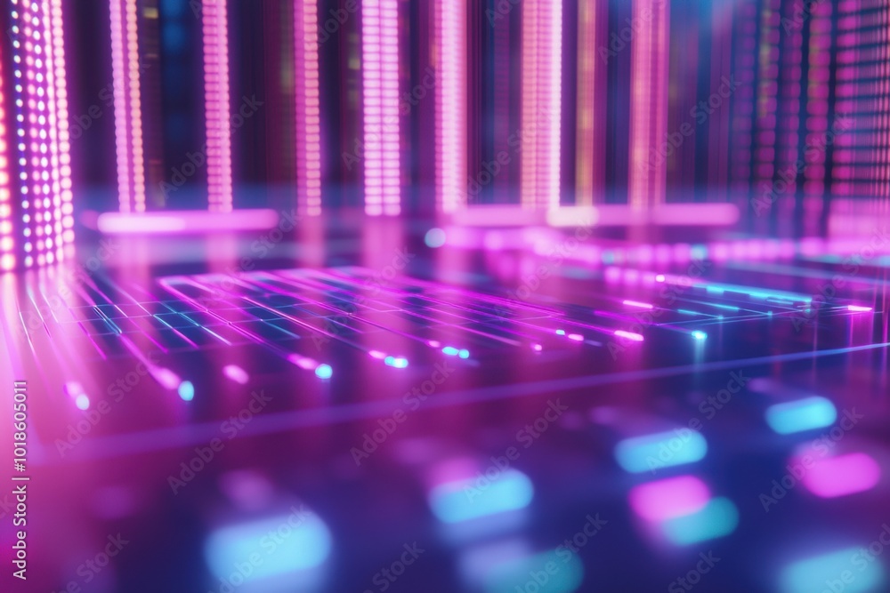Poster futuristic abstract background with glowing neon lines and digital patterns.