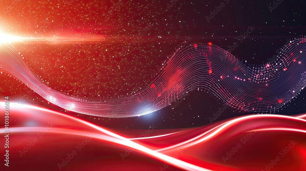 Poster abstract red background with pulsating waves and glowing tech symbols, representing futuristic commu