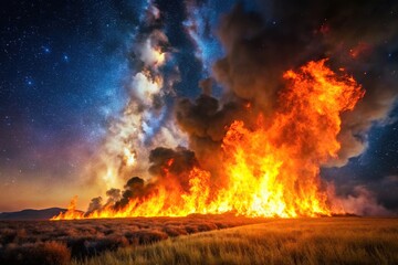 Asymmetrical fiery blaze of a field fire against a night sky