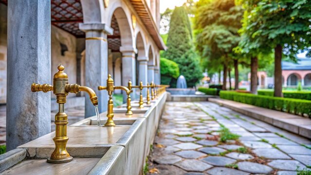 Asymmetrical faucets and stones in a mosque garden for ablutions
