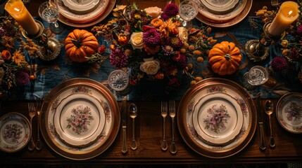 Thanksgiving feast tablescape with artisanal plates, pumpkins, copper utensils, and soft candlelight for a sophisticated restaurant atmosphere