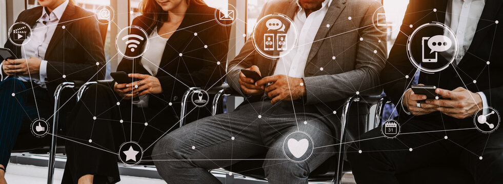 Social media and young people network concept. Modern graphic interface showing online social connection network and media channels to engage customer interaction in the digital business. uds